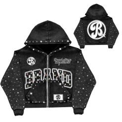 Custom Pure Cotton Street Style Zip Hoodie for Men with Applique Distressed Embroidery and Hot Fix Rhinestone Details Hoodie