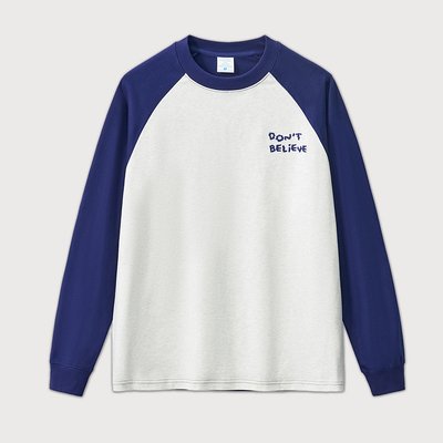 100% Cotton Oversized Loose Long Sleeve Embroidery Letter Contrast Trim Raglan Sleeve Tshirt for Men - Image 4