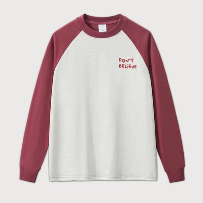 100% Cotton Oversized Loose Long Sleeve Embroidery Letter Contrast Trim Raglan Sleeve Tshirt for Men - Image 2