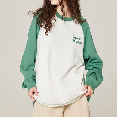 100% Cotton Oversized Loose Long Sleeve Embroidery Letter Contrast Trim Raglan Sleeve Tshirt for Men - Image 3