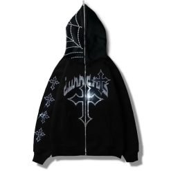 Women's and Men's Rhinestone Printed Hoodie Street Wear Fashion Hip Hop Crystal Full Zipper Hoodie Outside Unisex Hoodies