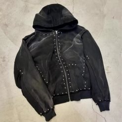 500gsm Black Rhinestone Zip Up Hoodie Men Oversized Autumn Hooded Hoodie Sun Faded Acid Wash Look