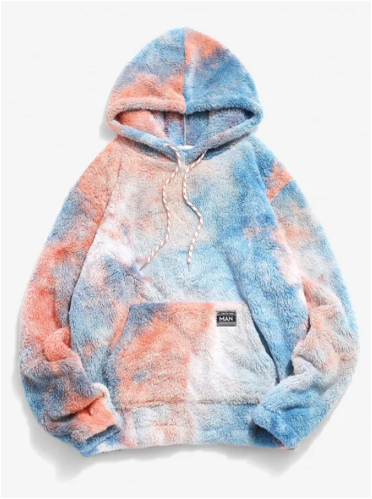 Custom Tye Dye Fashion Hoddies Men Kangaroo Pocket Tie Dye Faux Fur Fluffy Hoodie Wholesale - Image 3