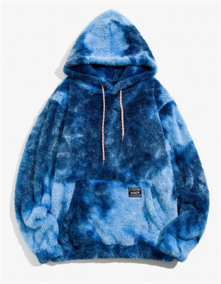 Custom Tye Dye Fashion Hoddies Men Kangaroo Pocket Tie Dye Faux Fur Fluffy Hoodie Wholesale