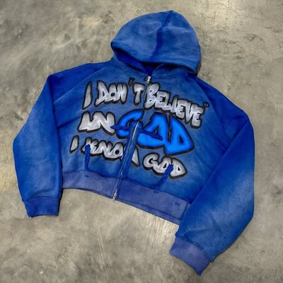 Acid Washed Dtg Print Men Unisex Winter Heavyweight Cotton Cropped Boxy Distressed Hoodie Custom Zip Up Hoodie - Image 3
