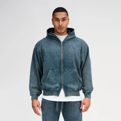 Acid Washed Oversized Embroidered Cropped Hoodies Ripped French Terry Black Distressed Applique Boxy Fit Full Zip up Hoodies Men
