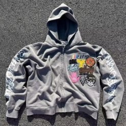 Autumn Custom Men'S Stone Acid Wash Cropped Boxy Embroidered Zip Up Hoodie Embroidered Vintage Sweatshirts