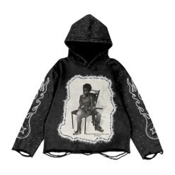 Black Vintage Rhinestone Hoodie Distressed Embroidery Patch 220 Grams Heavyweight Acid Wash