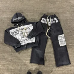 By Vintage Printed Custom Design Winter Knitted 100% Cotton Breathable Lightweight Zipper Jackets & Track Pants Set for Men