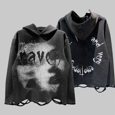 Cotton Fabric Unisex Distressed Hoodie Screen Print French Terry Pullover - Image 6