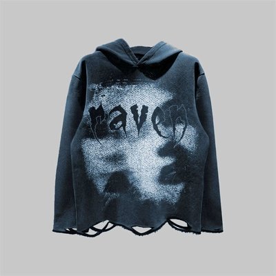 Cotton Fabric Unisex Distressed Hoodie Screen Print French Terry Pullover - Image 2