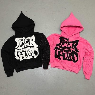 Cotton Knitted Streetwear Distressed Patch Work Cropped Black Pink Rhinestone Hoodie With Rhinestones - Image 5