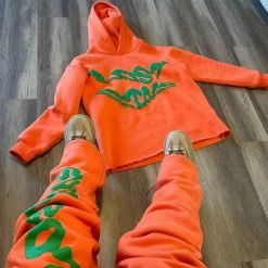 Cricket Cotton Tracksuit Custom Men'S Hoodie Set Puff Print Stacked Flared Pants