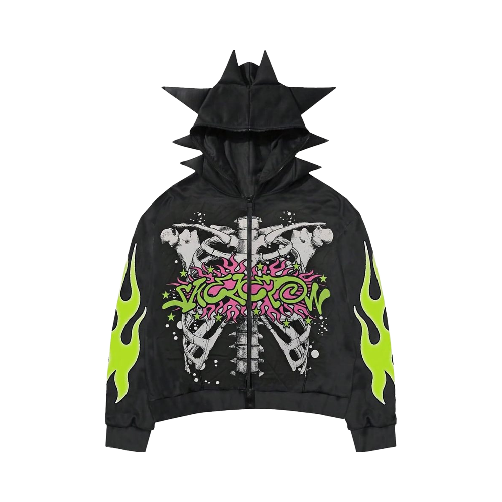 Custom 100% Cotton Men's Street Clad Jacket Pickled Loose Fit with Hood 500gsm Heavyweight Zipper Rhinestone Print Design Moq10 - Image 2