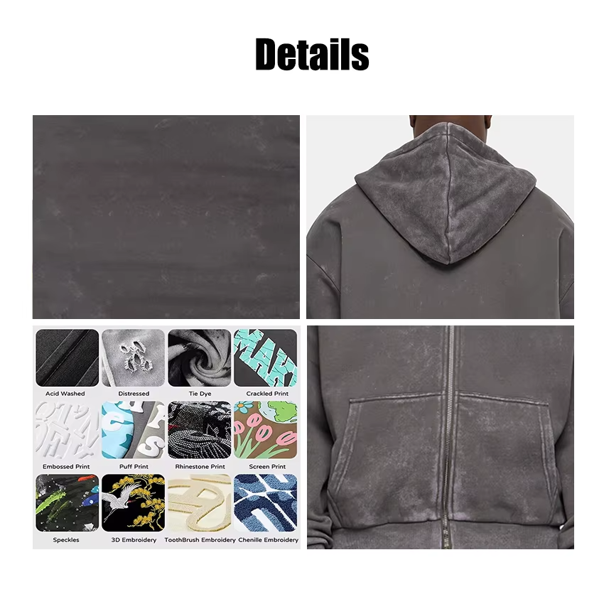 Custom 100%cotton Heavyweight 400gsm Hoodie Manufacturer Blank Oversized Distressed Streetwear Zip up Acid Wash Hoodies for Men - Image 5