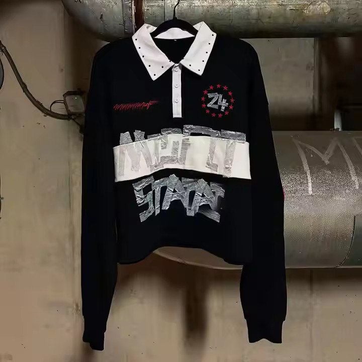 Custom 2025 Streetwear Striped Button up Collar Oversized Rhinestone Dtg Print Long Sleeve Rugby Polo Shirts for Men - Image 6