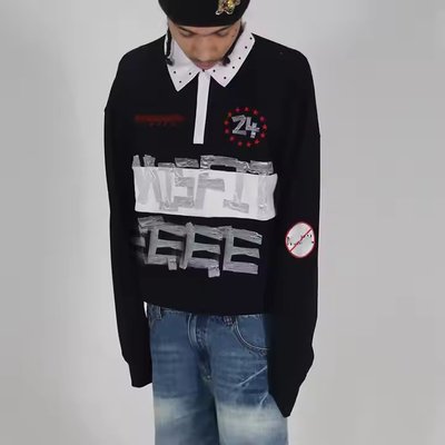 Custom 2025 Streetwear Striped Button up Collar Oversized Rhinestone Dtg Print Long Sleeve Rugby Polo Shirts for Men - Image 2