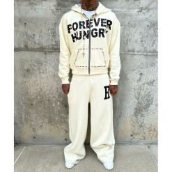 Custom 500Gsm Heavyweight Cotton Rhinestone Cropped Boxy Zip Up Hoodies and Sweatpants Set Tracksuit Sweat Suits Men
