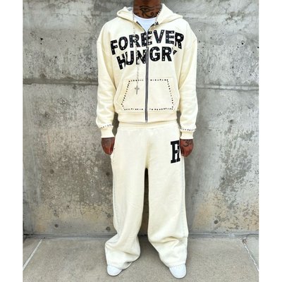 Custom 500Gsm Heavyweight Cotton Rhinestone Cropped Boxy Zip Up Hoodies and Sweatpants Set Tracksuit Sweat Suits Men - Image 2