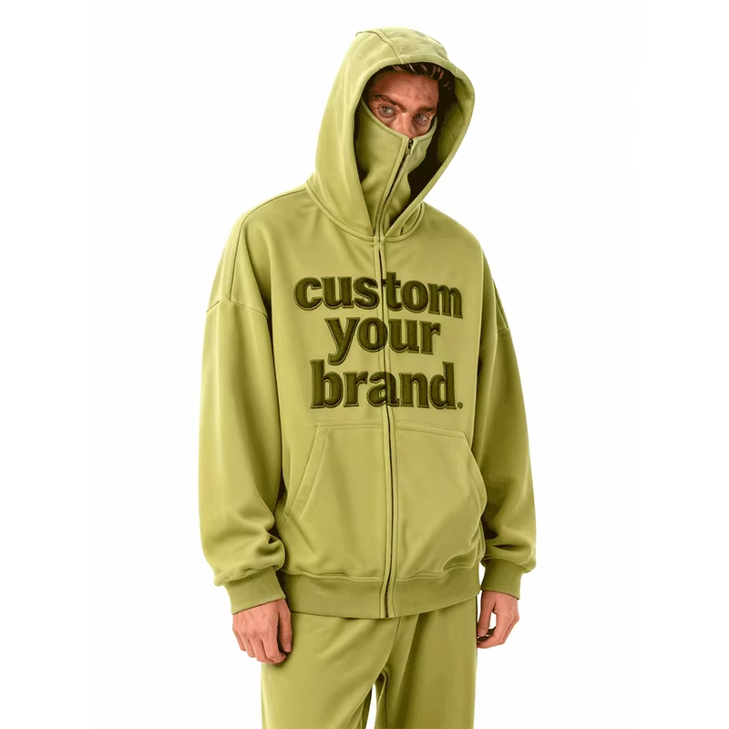 Custom Balaclava Hoodies Men's 100% Cotton Heavyweight Double Layer Hood Zip up Drop Shoulder Men's Hoodies & Sweatshirts