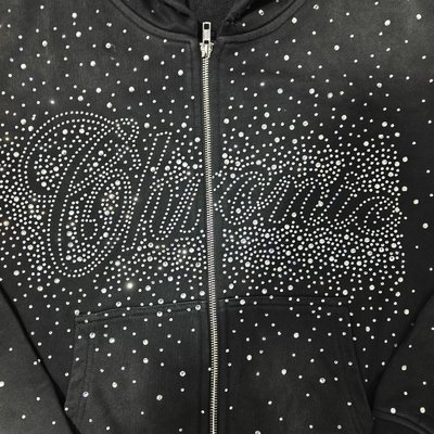 Custom Bulk Luxury Shining Gemstone Oversized Rhinestone Zip up Hoodie Acid Wash Vintage Streetwear Zipped Hoodie for Men - Image 3