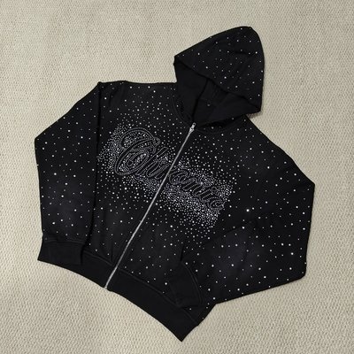 Custom bulk luxury gemstone oversized rhinestone zip up hoodie in acid wash vintage streetwear finish for men