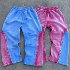 Custom Double Waist Heavyweight Cotton Vintage Acid Wash Sweat Pants Distressed Rhinestone Wide Leg Sweatpants for Men
