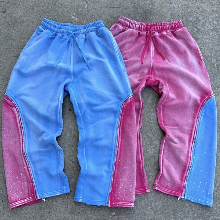 Custom Double Waist Heavyweight Cotton Vintage Acid Wash Sweat Pants Distressed Rhinestone Wide Leg Sweatpants for Men