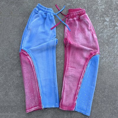 Custom Double Waist Heavyweight Cotton Vintage Acid Wash Sweat Pants Distressed Rhinestone Wide Leg Sweatpants for Men - Image 4