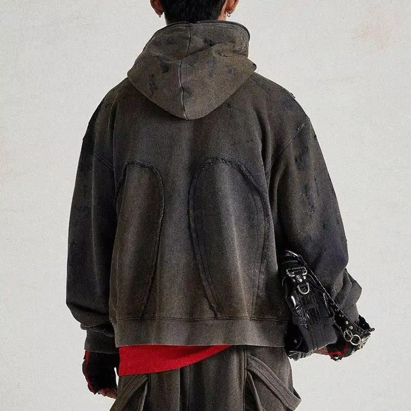 Custom Double Zipper Embroidery Distress Patch Logo Vintage 100% Cotton Zip up Distressed Acid Wash Cropped Hoodie for Men - Image 4