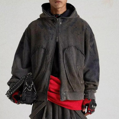 Custom Double Zipper Embroidery Distress Patch Logo Vintage 100% Cotton Zip up Distressed Acid Wash Cropped Hoodie for Men