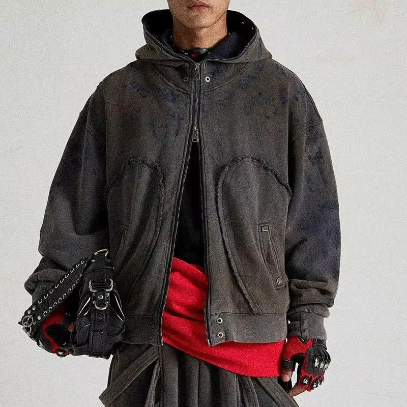 Custom Double Zipper Embroidery Distress Patch Logo Vintage 100% Cotton Zip up Distressed Acid Wash Cropped Hoodie for Men