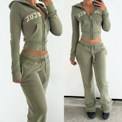 Custom Embroidered Acid Wash Tracksuits for Women 100% Cotton Flared Sweatpants and Hoodie Set