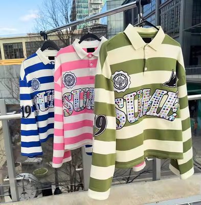 Custom Embroidery Rugby Jersey Polos Color Block Rhinestone Long Sleeve Boxy Fit Cropped Knitted Striped Polo Shirt for Men - Image 3