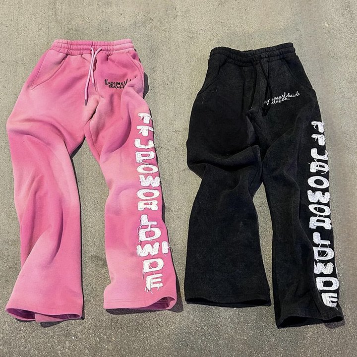 Custom Flare Sweat Pant Relaxed Trousers Sun Faded Puff Print Bootcut Acid Wash Flared Sweatpants