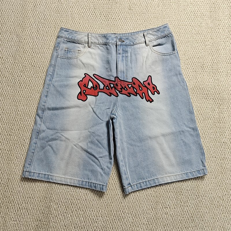 Custom Flared Knee Jeans Shorts Y2k Streetwear Embroidery Printed Vintage Double Waist Baggy Vintage Denim Jorts Men - Image 3