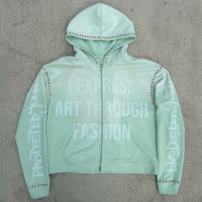 Custom Gemstone Zip Up Heavy Weight Hoodie Vintage Acid Washed Baggy Boxy Fit Cropped Rhinestone Hoodie