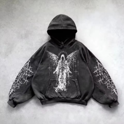 Custom Heavyweight Acid Wash Oversized Cotton Heart Pattern Men's Hoodie with Rhinestone Reserve Seam Boxy Fit and Worn Effect