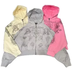 Custom Heavyweight High Quality Hot-Fix Rhinestone Zip-Up 100% Cotton Irregular Hem Loose Fit Zipper High Street Women's Hoodie