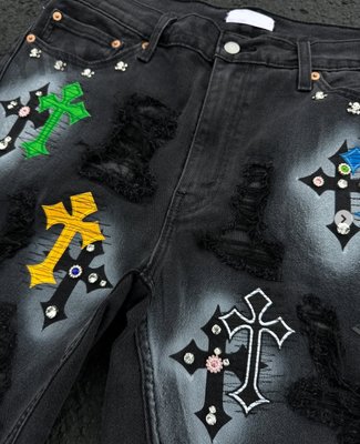 Custom High Quality Jorts Streetwear Rhinestones Short Jeans Distressed Embroidery Patchwork Denim Jorts Shorts for Men - Image 6