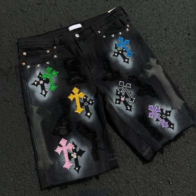Custom High Quality Jorts Streetwear Rhinestones Short Jeans Distressed Embroidery Patchwork Denim Jorts Shorts for Men - Image 2
