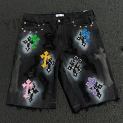 Custom High Quality Jorts Streetwear Rhinestones Short Jeans Distressed Embroidery Patchwork Denim Jorts Shorts for Men