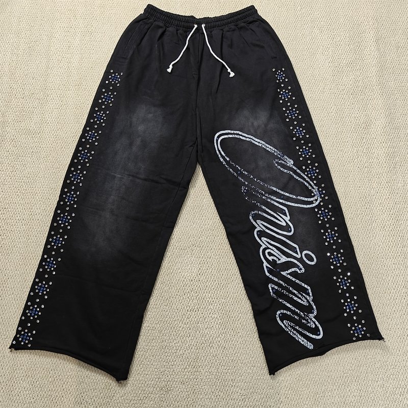 Custom Joggers Sweat Pants Oversized Cotton French Terry Straight Leg Baggy Acid Wash Flared Rhinestone Sweatpants Men - Image 5