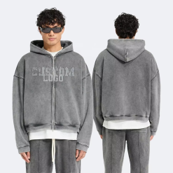 Custom Logo Men'S Acid Washed Hoodie With Oversize Zipper and Drop Shoulder Heavyweight Pullover With Print Pattern