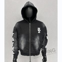 Custom Logo Oversized Boxy Fit Cropped Zip Up Hoodies Heavyweight Vintage Washed Distressed Embroidery Hoodie