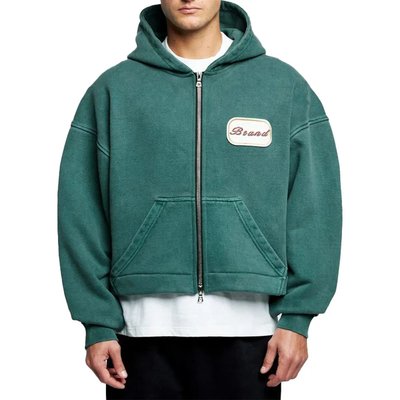 Custom logo patch applique embroidery heavyweight 600 GSM baggy acid wash hoodie with double zipper for wholesale and bulk orders
