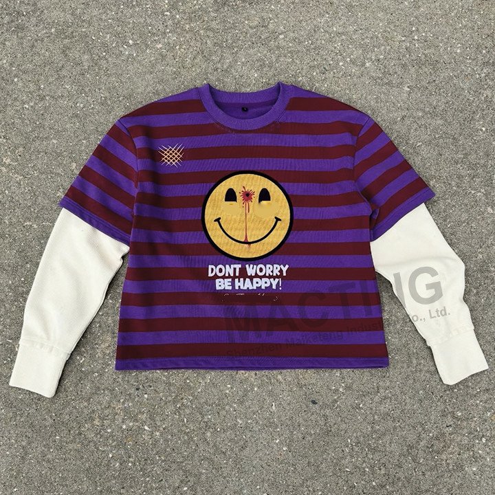 Custom Manufacturer DTG Printing Cotton Knitted Boxy T Shirt Rugby Stripe Double Layer Waffle Long Sleeve T Shirt for Men