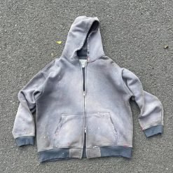 Custom Men Heavyweight Oversize Crop Boxy Zip Up Stone Acid Wash Distressed Hoodie Unisex Sun Faded Zipper Vintage Sweatshirt