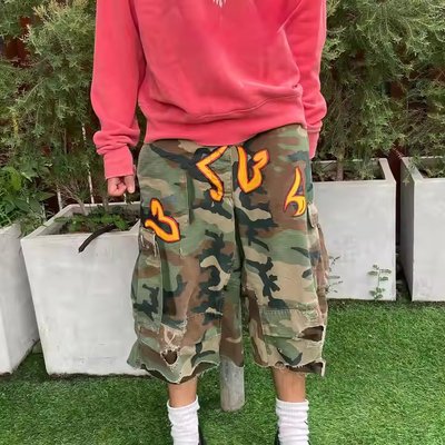 Custom New Design Summer Vintage Multi-Pockets Baggy Double Waist Acid Wash Streetwear Men's Cargo Camo Shorts - Image 2