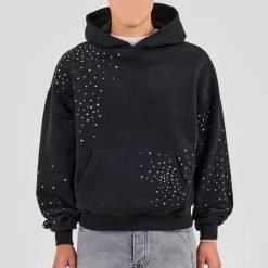 Custom Pullover Hoodie Men Streetwear Embroidery Logo Vintage Acid Wash Oversized Drop Shoulder Rhinestone Hoodie